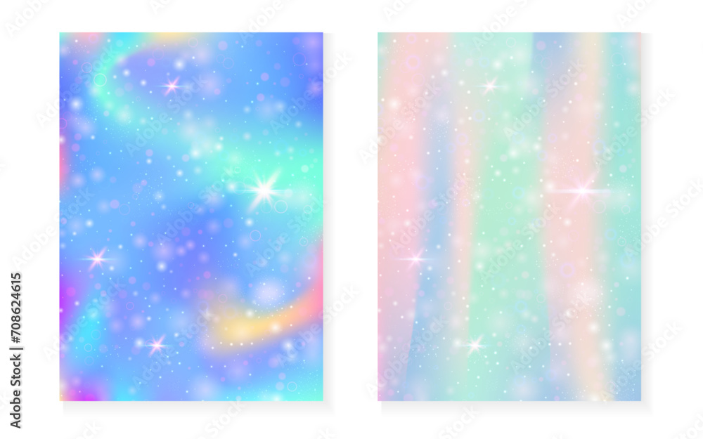 Kawaii background with rainbow princess gradient. Magic unicorn hologram.