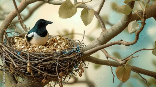 A magpie sits in a nest adorned with shiny gold jewelry and trinkets amidst the branches of a tree, evoking the bird's reputation for collecting treasures.