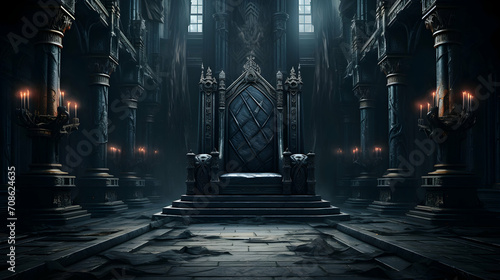 Majestic gothic dark fantasy castle hall with throne and torches, perfect for fantasy settings photo