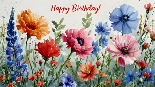 Fototapeta Naklejka Na Ścianę i Meble -  A watercolor painting of various flowers with a birthday greeting in the center. Dominant colors include blue, red, and green.