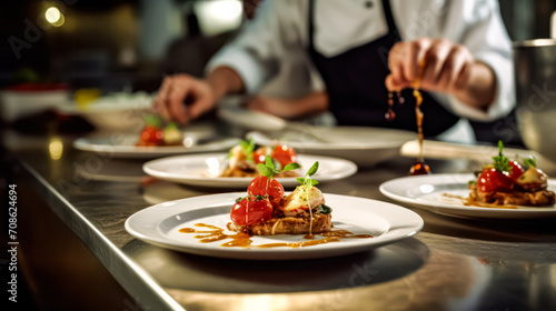 A skilled chef passionately preparing a delicious dish in a professional kitchen. Culinary expertise in action  with focus on the art of cooking and food presentation.