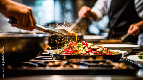 A skilled chef passionately preparing a delicious dish in a professional kitchen. Culinary expertise in action, with focus on the art of cooking and food presentation.