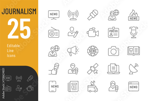 Journalism Line Editable Icons set. Vector illustration in modern thin line style of news media related icons: TV presenters, reporters, news sources, and more. Isolated on white.