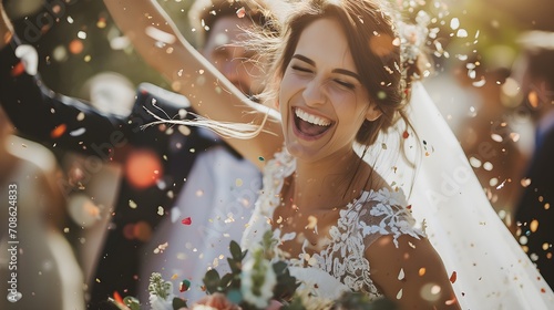 Une femme souriante en robe de marié à son mariage photo