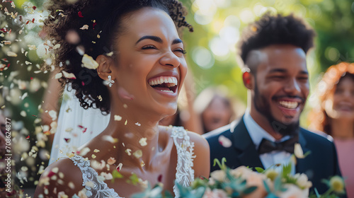 Une femme souriante en robe de marié à son mariage photo