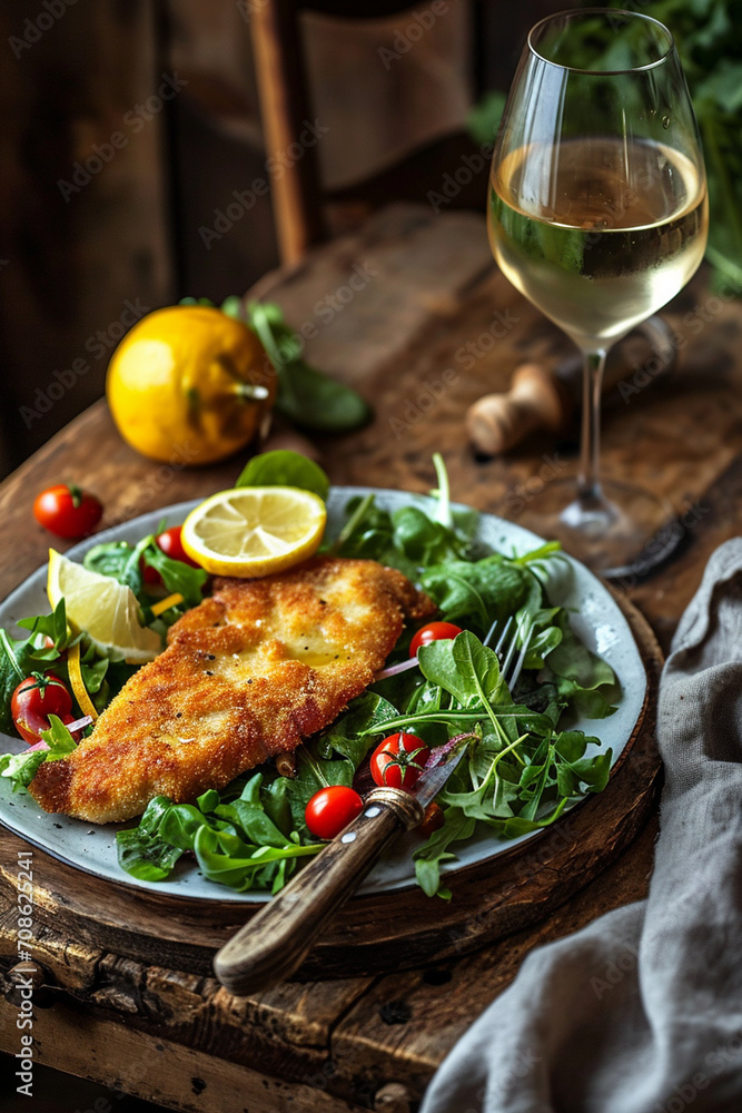 fish cutlet on greens and glass of wine on wooden background. delicious food. fish cutlet on greens and glass of wine on wooden background. delicious food.