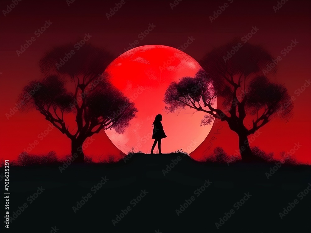 The picture, the silhouette of a girl between the trees on the background of the red moon