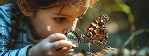 Smiling child looking at butterfly through magnifying glass.nature photo