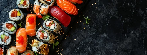 Obraz  z motywem Fresh delicious Japanese sushi on a dark background. sushi, rolls