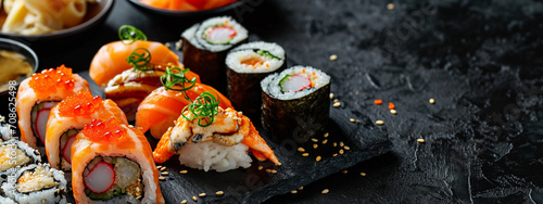 Fresh delicious Japanese sushi on a dark background. sushi, rolls photo