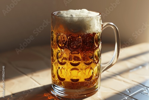 A mug of beer with foam on the table close-up. oktoberfest. light alcoholic drink.