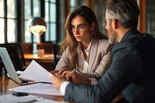 Female lawyer attorney or bank manager consulting male client holding papers during legal advice. Two business executives discussing financial accounting documents report at meeting, Generative AI