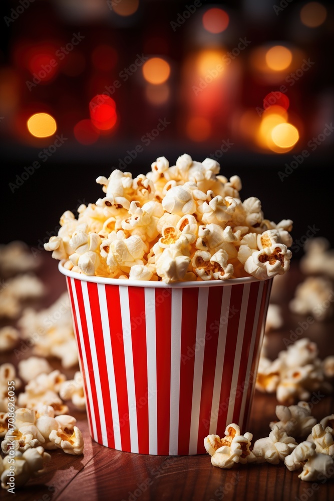 A red and white striped popcorn bucket sitting on a wooden table A red and white striped popcorn bucket sitting on a wooden table
