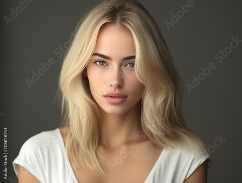 A beautiful blonde woman with green eyes is looking at the camera.