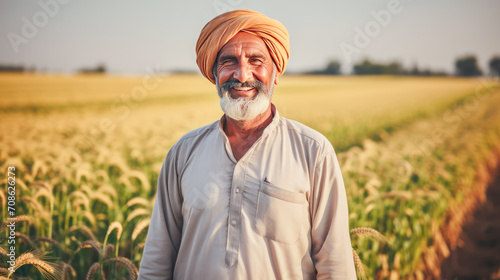 Senior indian farmer standing at wheat agriculture field