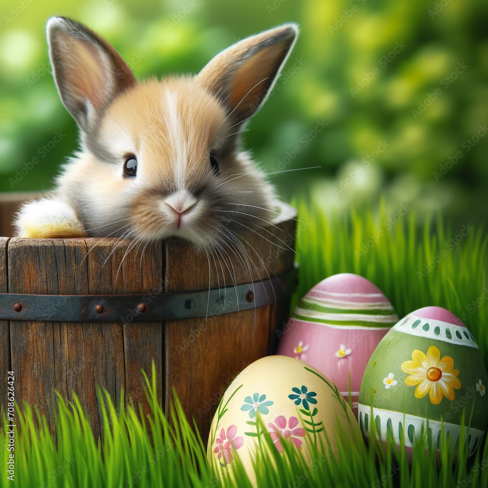 Bunny Sitting in Basket With Easter Eggs, Adorable Spring Celebration Scene