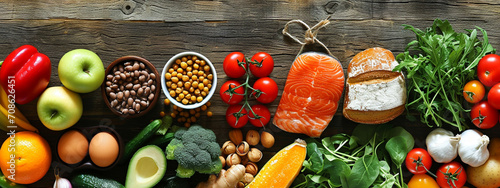 Balanced diet - healthy food on a wooden background.