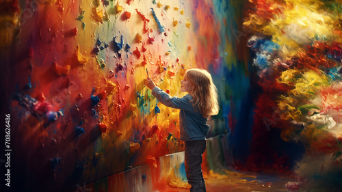 blonde little girl painting a colourful rainbow on an old wall  creating her own universe