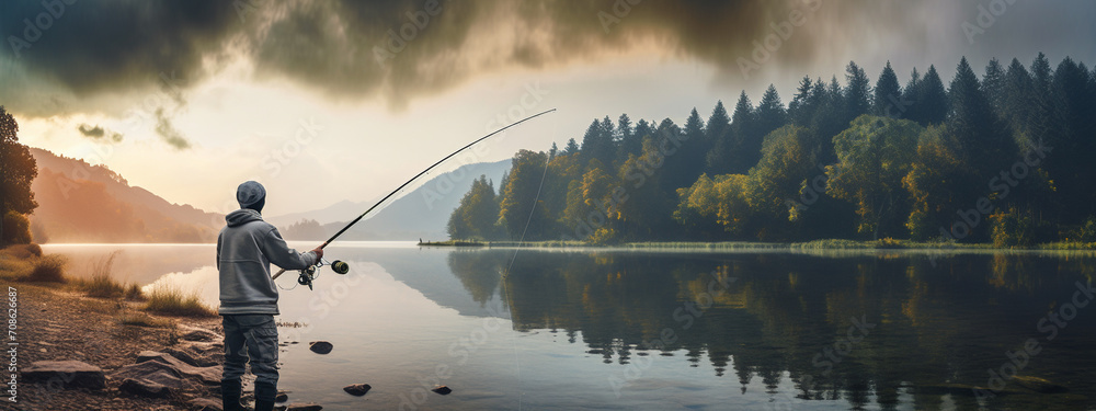 a fisherman catches fish on a lake-river. - obrazy, fototapety, plakaty 