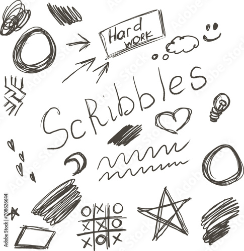 pencil curly lines and squiggles, wide strokes. Scribble strokes vector set