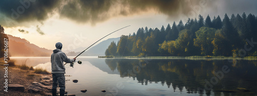 a fisherman catches fish on a lake-river. photo