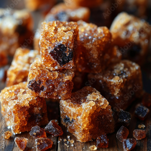 raw brown sugar cubes on wooden table in an aesthetic picture photo
