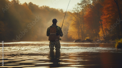 a fisherman catches fish on a lake-river. photo