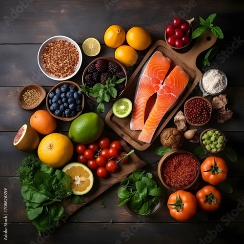 Healthy food concept. Fresh vegetables, fruits, meat and fish on wooden table. Healthy eating and meal plan. Top view
