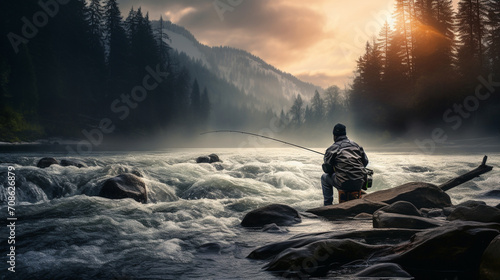 a fisherman catches fish on a lake-river.