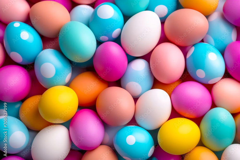 Pile of bright and colorful pastel Easter Eggs top view festival background.