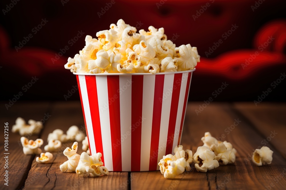 A red and white striped bucket of popcorn sits on a wooden table against a blurry background of red. A red and white striped bucket of popcorn sits on a wooden table against a blurry background of red.