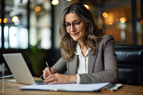 Happy mature mid aged business woman professional in her 40s writing notes finance report overview, lawyer attorney checking document, working on laptop computer device sitting at desk, Generative AI