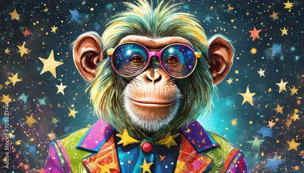 cool chimp in colorful retro suit and sunglasses, black background shining in the universe with galaxy and stars, enlightenment 