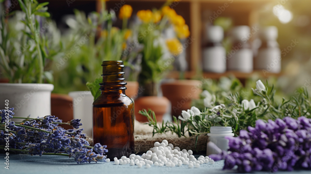 Heilpflanzen und frische Kräuter sowie kleine Flaschen mit Globuli Kugeln und Kügelchen für medizinische Zwecke der Homöopathie und Selbstheilung Generative AI Heilpflanzen und frische Kräuter sowie kleine Flaschen mit Globuli Kugeln und Kügelchen für medizinische Zwecke der Homöopathie und Selbstheilung Generative AI