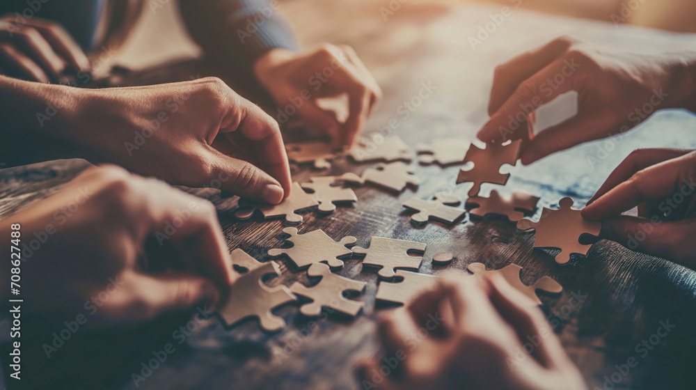 concept of teamwork and partnership, hands joining puzzle pieces in the office, business people putting the jigsaws as a team concept of teamwork and partnership, hands joining puzzle pieces in the office, business people putting the jigsaws as a team