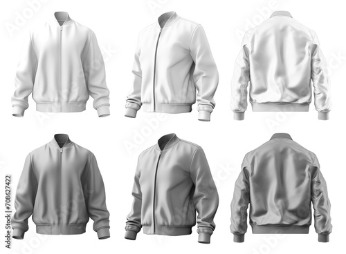2 Set of white and light grey gray, unisex bomber jacket with full zip zipper collar, front back side view on transparent background cutout, PNG file. Mockup template for artwork graphic design.