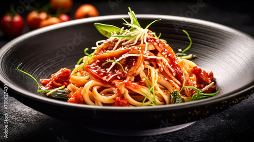 Indulge in a gastronomic delight a plate of exquisite pasta adorned with delectable seafood, set against a rich and enticing dark background.
