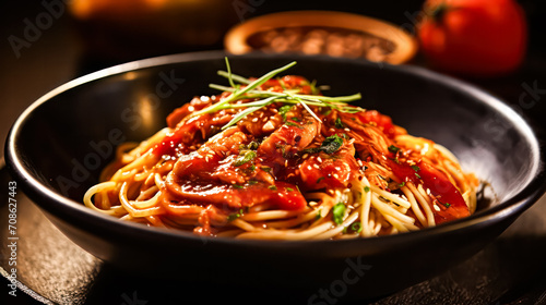 Indulge in a gastronomic delight a plate of exquisite pasta adorned with delectable seafood, set against a rich and enticing dark background.