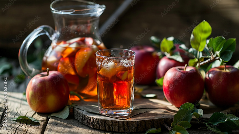 Apple juice in a glass surrounded by red apples and green leaves on a wooden background. Apple juice in a glass surrounded by red apples and green leaves on a wooden background.
