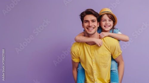 Full body young joyful happy parents mom dad with child kid daughter girl 6 years old wear blue yellow casual clothes giving piggyback ride to joyful, sit on back isolated on plain purple background.