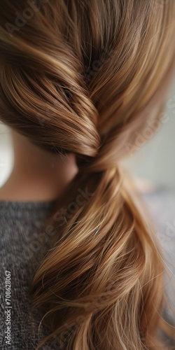 Coloriertes Haar in blonden und rötlichen Farbton mit Strähnen und Wellen für Perücken und für Färbemittel Nahaufnahme, ai generativ
