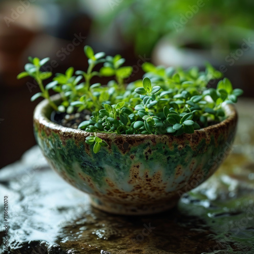 vintage old pot of green plants symbolic for nature and green environment