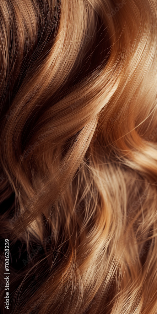 Naklejka premium Coloriertes Haar in blonden und rötlichen Farbton mit Strähnen und Wellen für Perücken und für Färbemittel Nahaufnahme