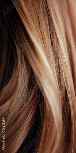 Coloriertes Haar in blonden und rötlichen Farbton mit Strähnen und Wellen für Perücken und für Färbemittel Nahaufnahme, ai generativ