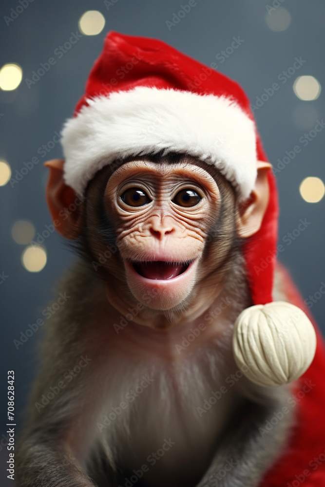 a monkey in a Santa Claus hat. year of the monkey concept a monkey in a Santa Claus hat. year of the monkey concept