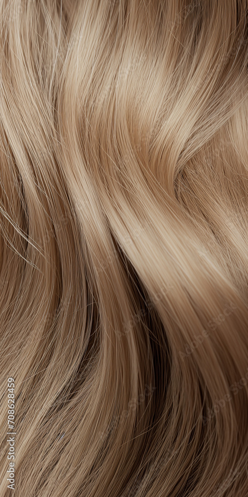 Naklejka premium Coloriertes Haar in blonden und rötlichen Farbton mit Strähnen und Wellen für Perücken und für Färbemittel Nahaufnahme