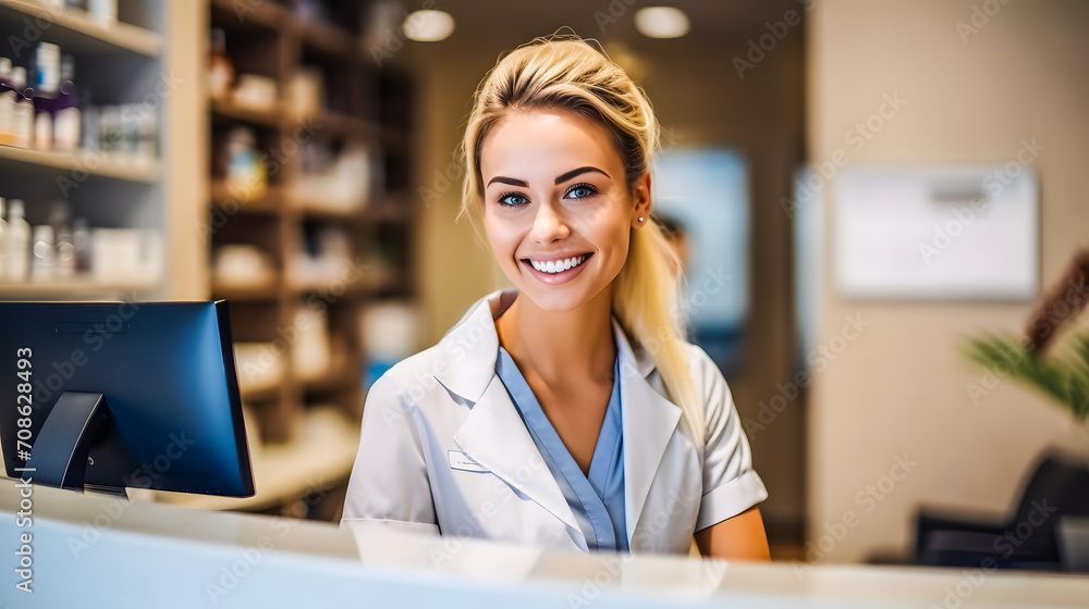 Hôtesse d'accueil dans un espace de santé, clinique, hôpital, dentiste, médecin, Hôtesse d'accueil dans un espace de santé, clinique, hôpital, dentiste, médecin,