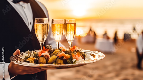 Elegance in every pour. Waiter holding a plate with sparkling wine, welcoming guests. Champagne glasses ready for a toast at a luxurious event or party.