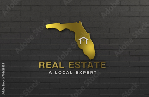 Gold Florida Map with Home Icon Real Estate Logo - A Luxurious Golden Silhouette of Florida with a Home Symbol on a Dark Brick Wall Background, Denoting Expertise in Local Property Markets