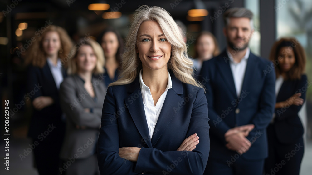 happy businesswoman taking a step forward and leading the team happy businesswoman taking a step forward and leading the team
